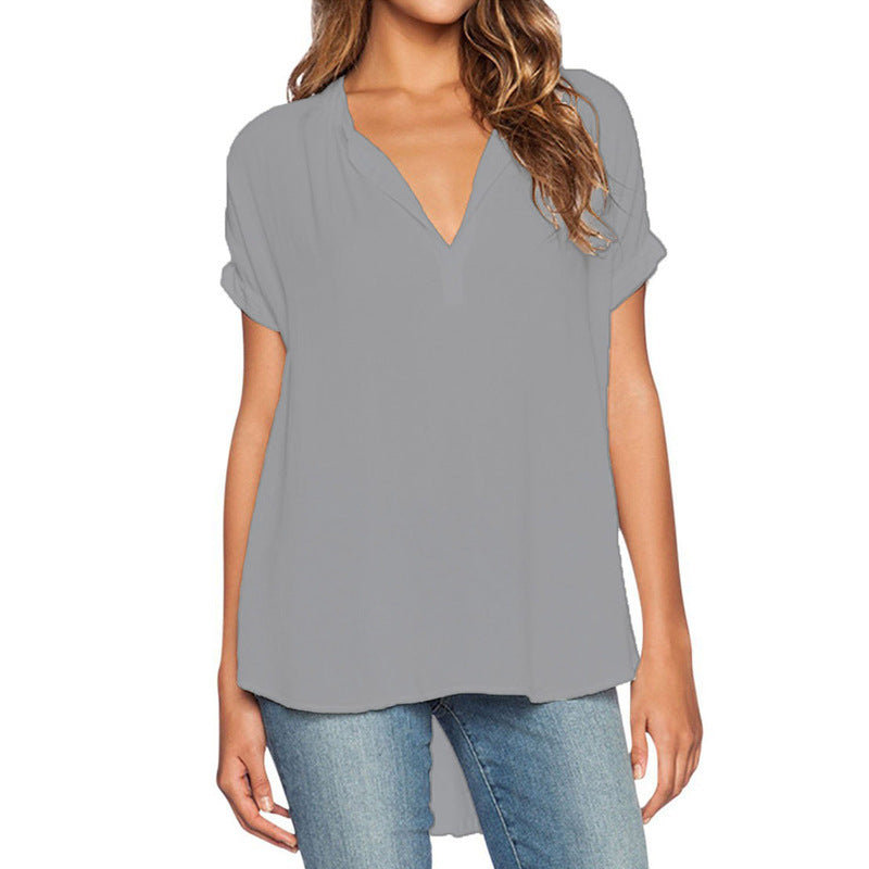 Blusa holgada informal de manga corta con cuello en V liso para mujer, estilo chic de oficina