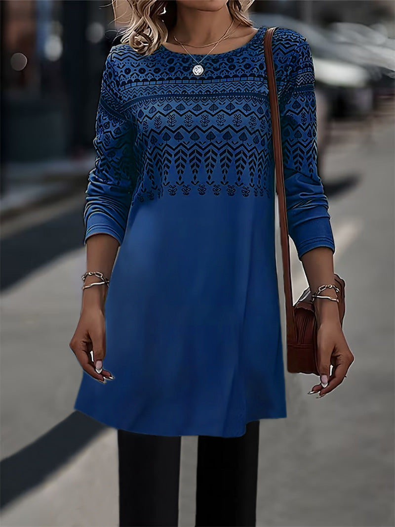 Women Fashion Casual Geometric Print Round Neck Long Sleeve Dress