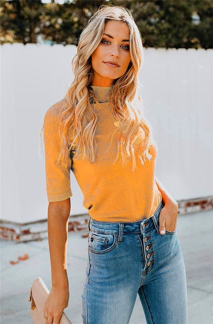 Summer Women Fashion Casual Solid Color Stand Collar Short Sleeve Long Sleeve