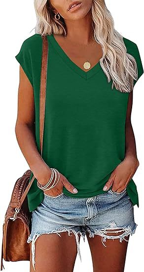 Camiseta informal de verano para mujer, con cuello en V, color liso, de manga corta y sin mangas