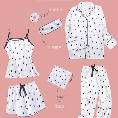 Conjunto de pijama fino de siete piezas con estampado de rayas informal sencillo para mujer