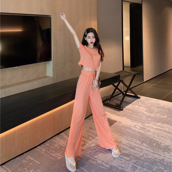 Conjunto de dos piezas de top y pantalón de manga corta de color liso informal para mujer