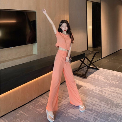 Conjunto de dos piezas de top y pantalón de manga corta de color liso informal para mujer