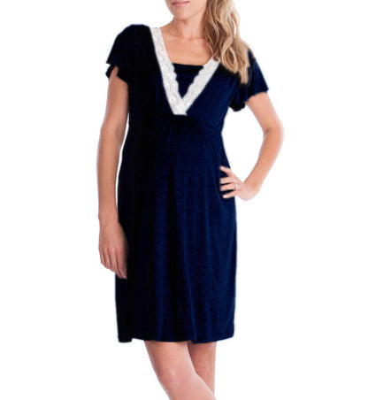 Vestido de lactancia de manga corta con encaje y escote en V profundo informal para embarazadas