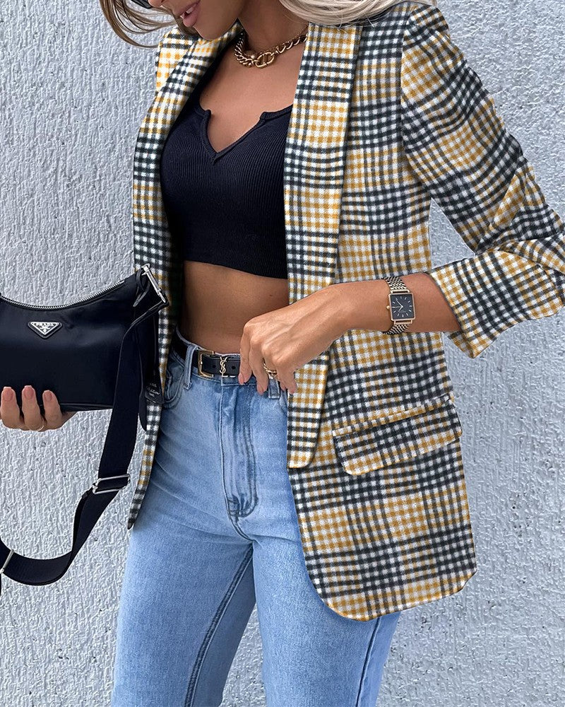 Chaqueta de traje de manga larga con estampado a cuadros sexy e informal para mujer