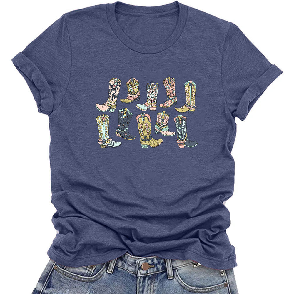 Camiseta vaquera informal de manga corta con cuello redondo para mujer, estilo occidental, de verano