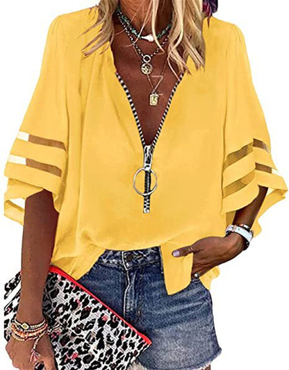 Blusa informal de mujer con cuello en V, media cremallera y mangas acampanadas