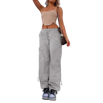 Plus Size Fashion Street Women Loose Strap Multi-Pocket Straight Work Casual Solid Color Cargo Jogger Pants