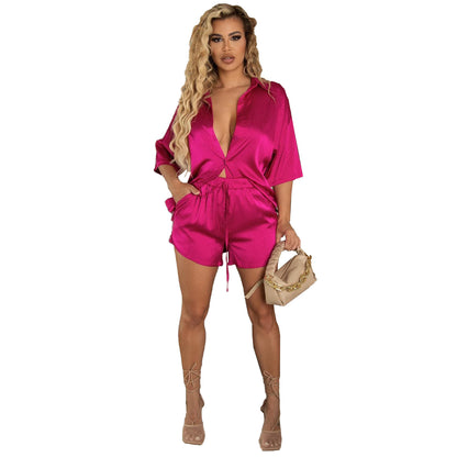 Conjunto de dos piezas para mujer: camisa de manga corta de color liso con botonadura sencilla y pantalones cortos casuales holgados