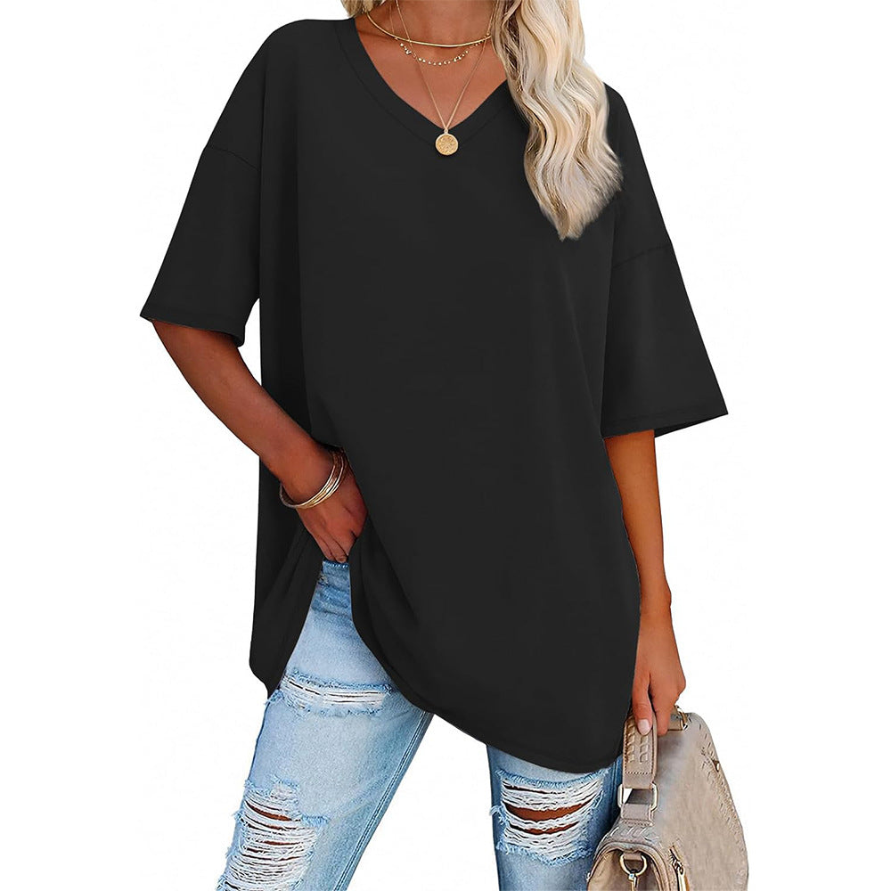 Camiseta informal holgada de color liso con cuello en V para mujer