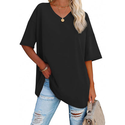 Camiseta informal holgada de color liso con cuello en V para mujer