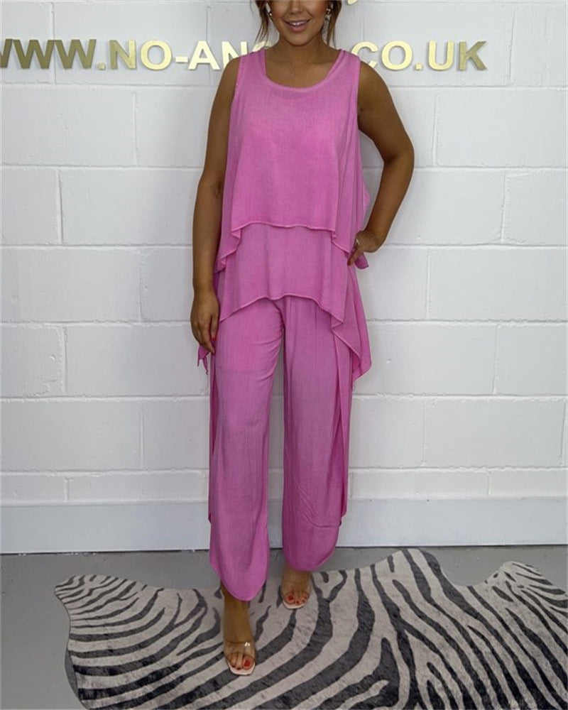Conjunto de top y pantalones cortos informales sin mangas de color liso de talla grande a la moda para mujer