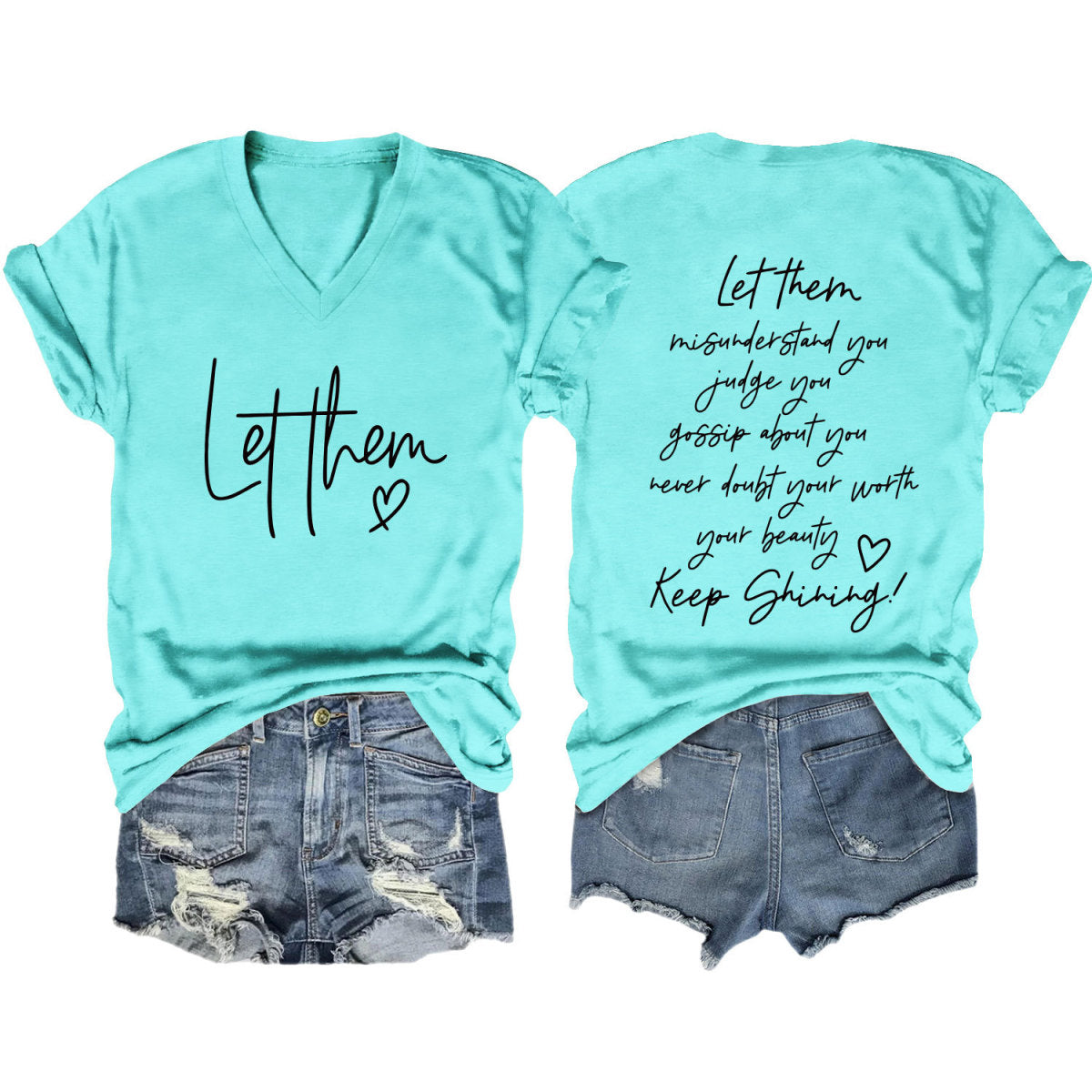 Camiseta informal de verano para mujer con estampado de letras de doble cara y cuello en V de manga corta