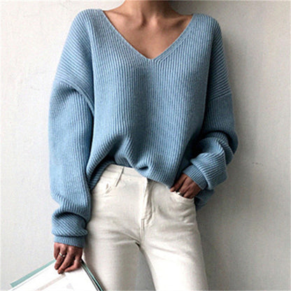Autumn Winter Women Solid Color Casual V-Neck Long Sleeve Knitted Sweater