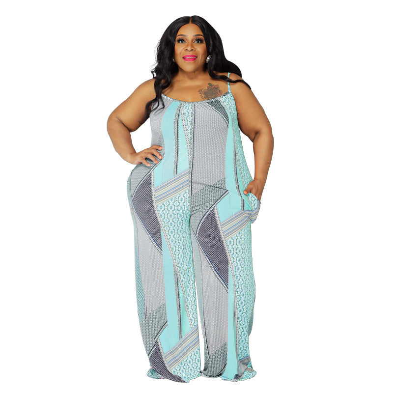 Plus Size Women Sling Print Loose Casual Jumpsuit