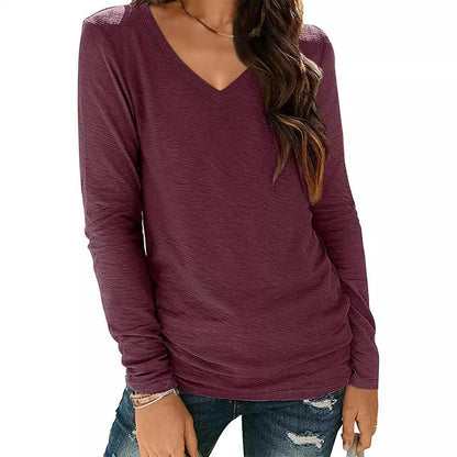 Camiseta informal de manga larga con cuello en V y color liso para mujer