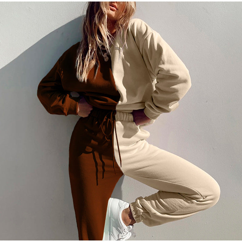 Conjunto de pantalones deportivos de cuello redondo con bloques de color informales a la moda para mujer