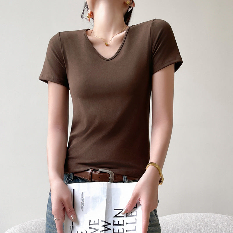 Camiseta básica de verano para mujer, informal, de color liso, con cuello en V y manga corta