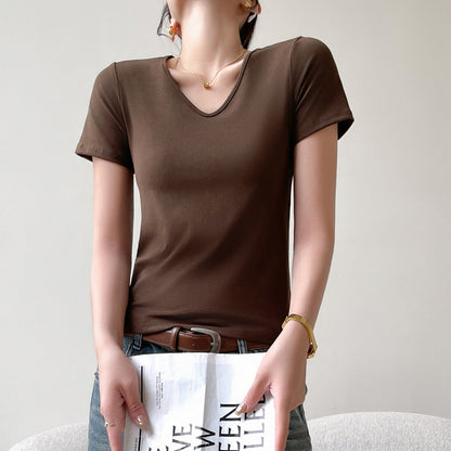 Camiseta básica de verano para mujer, informal, de color liso, con cuello en V y manga corta