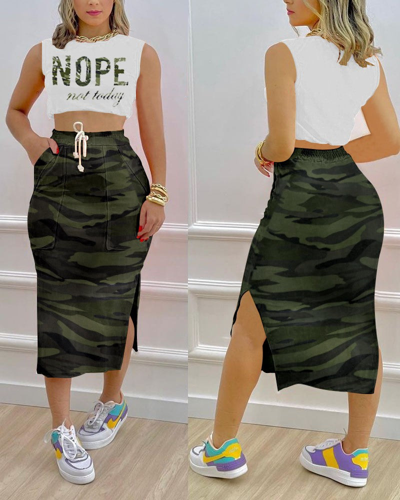 Women Fashion Casual Sleeveless Crop Tank Top And Side-slit Bodycon Skirt Set