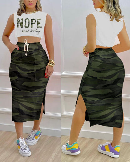 Women Fashion Casual Sleeveless Crop Tank Top And Side-slit Bodycon Skirt Set