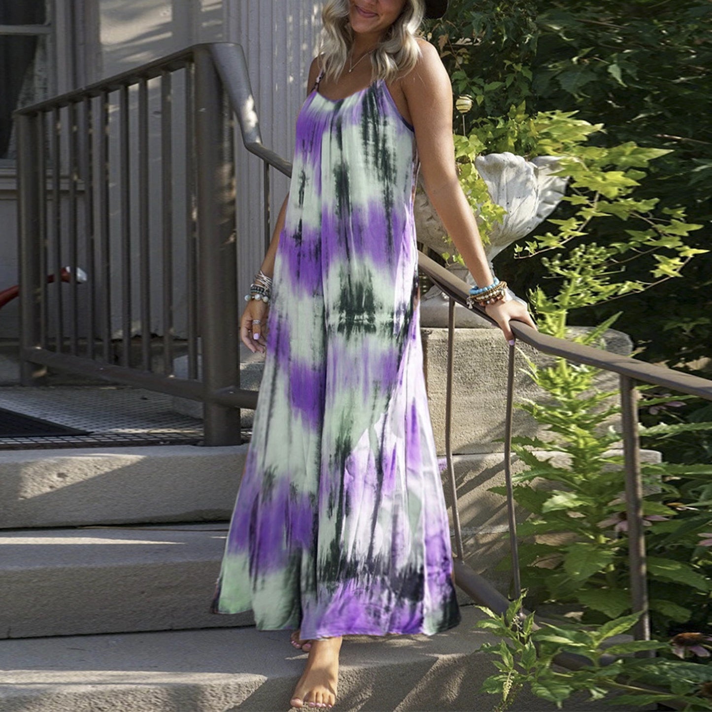 Women Fashion Casual Vacation Tie Dye Print Spaghetti Strap Maxi Loose Dress