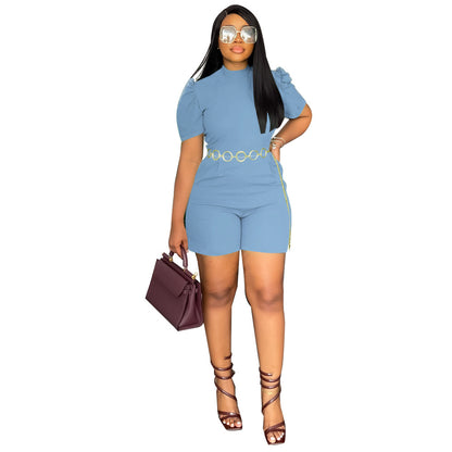 Women Fashion Casual Solid Color Round Neck Short-Sleeve Rompers