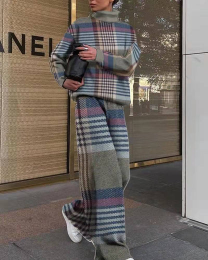 Conjunto de dos piezas de suéter y pantalón con estampado de pata de gallo para mujer