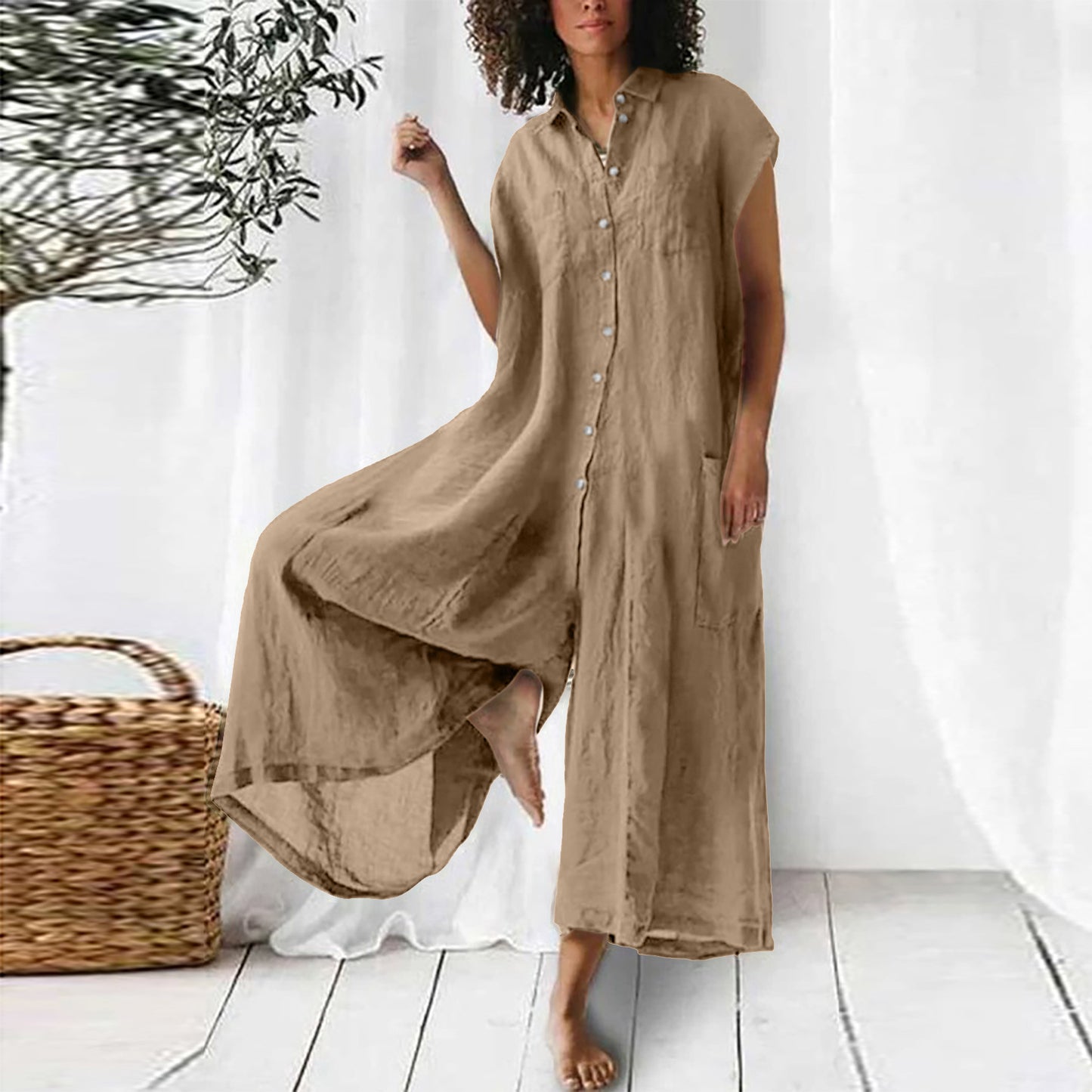 Casual Women Loose Comfortable Linen Solid Color Short Sleeve Single-Breasted Jumpsuits