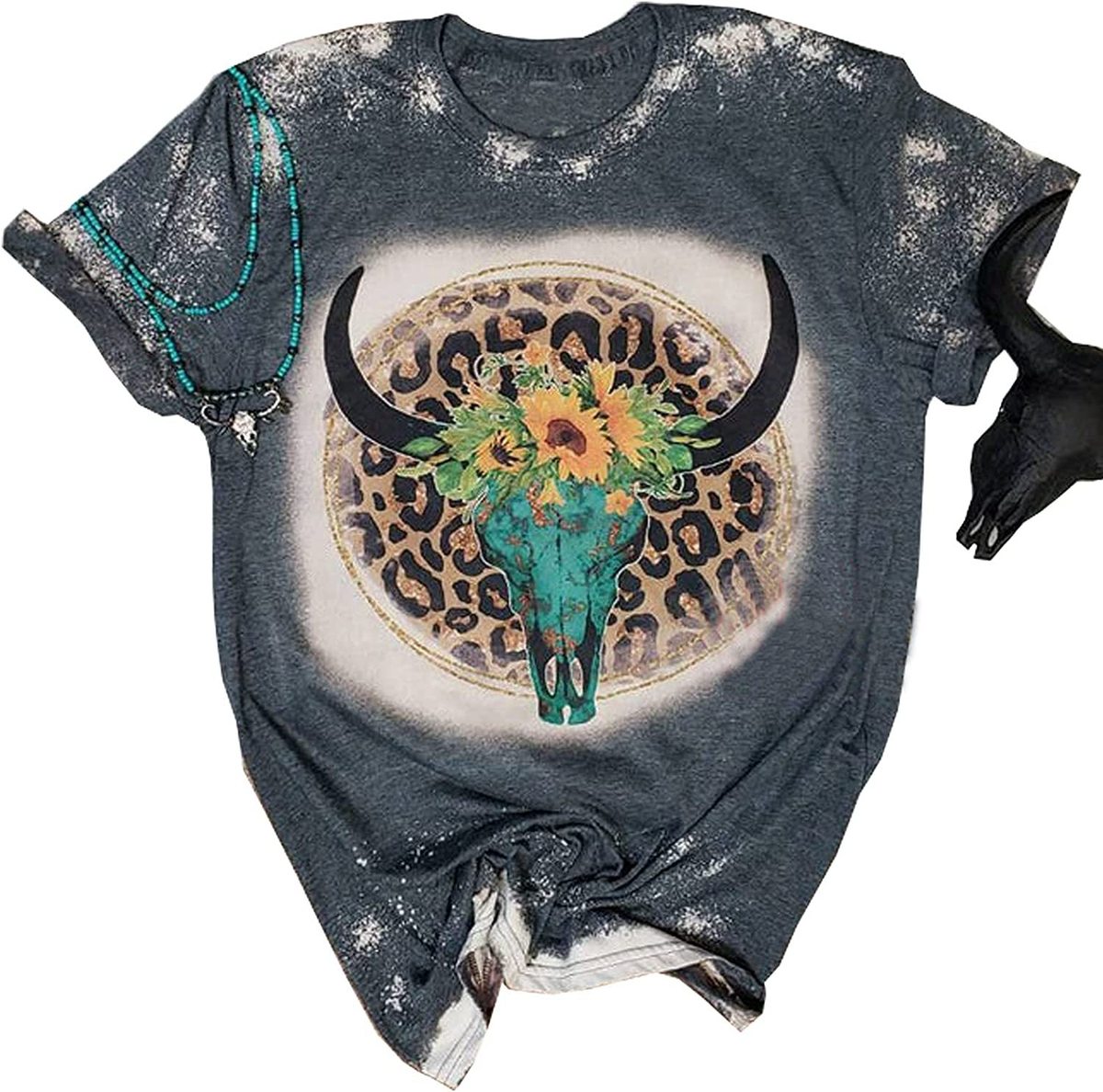 Camiseta informal de verano para mujer con estampado de cabeza de buey occidental, cuello redondo y manga corta