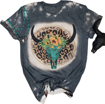 Camiseta informal de verano para mujer con estampado de cabeza de buey occidental, cuello redondo y manga corta