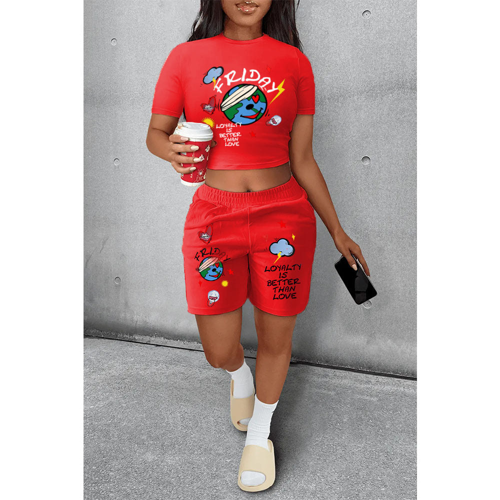 Conjunto informal de dos piezas de camiseta y pantalones cortos de manga corta con estampado de la Tierra para mujer de verano