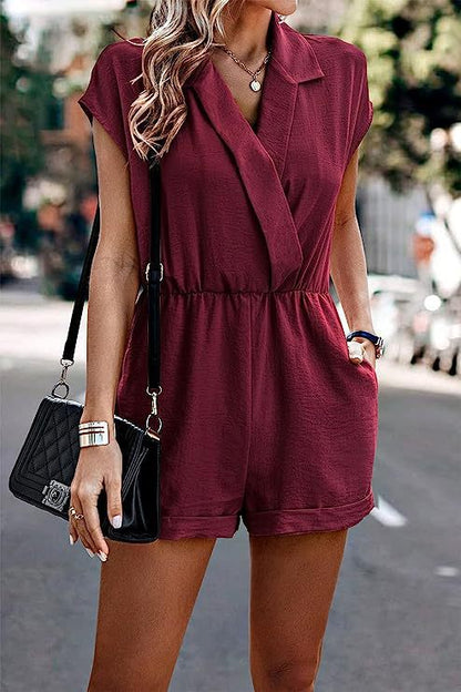 Women Fashion Casual Solid Color V-Neck Short Sleeve Rompers