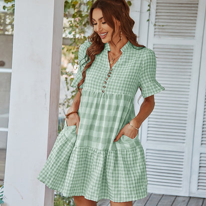 Vestido mini de verano para mujer, elegante, holgado, con volantes y cuello en V, manga corta, informal, con bloques de color