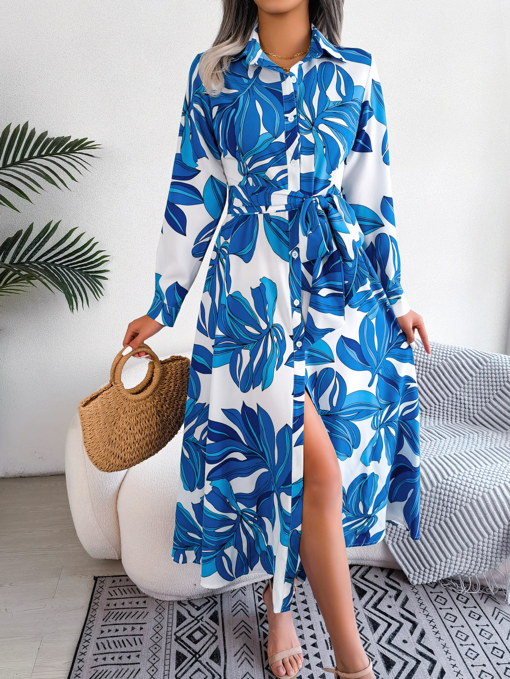Vestido informal de manga larga con cordones y estampado floral para mujer