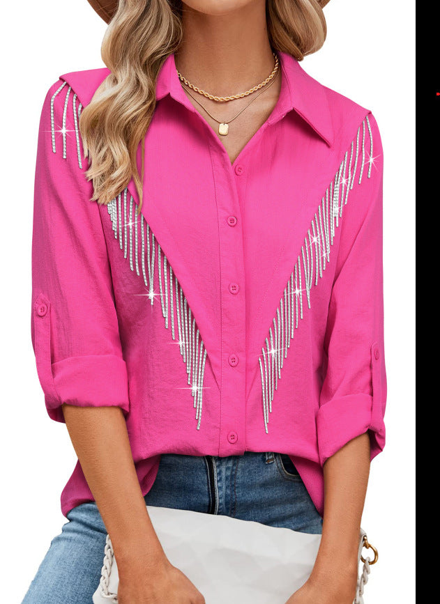 Blusa informal de manga larga con solapa y borlas de diamantes de imitación para mujer