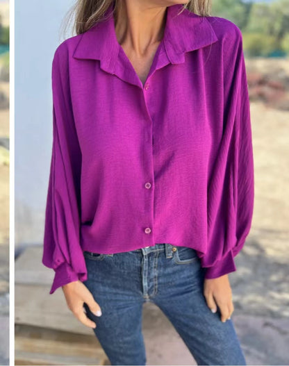 Blusa informal de manga larga con botones y estampado de flores de color liso para mujer
