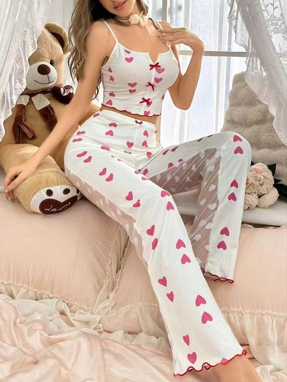 Conjunto de pijama de dos piezas con camisola estampada informal para mujer, pantalones de malla