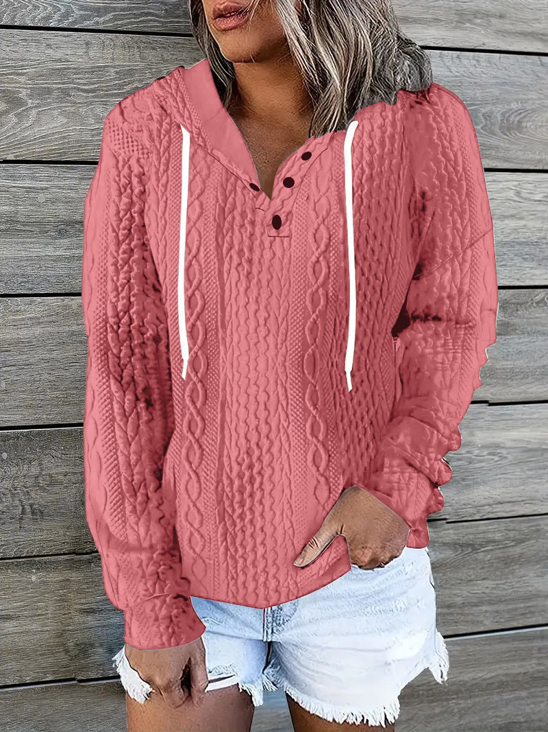 Sudadera de punto jacquard de manga larga con cordón y cuello en V informal a la moda para mujer
