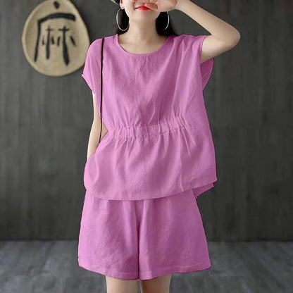 Conjunto de dos piezas de pantalones de lino y algodón de manga corta de color liso informal para mujer