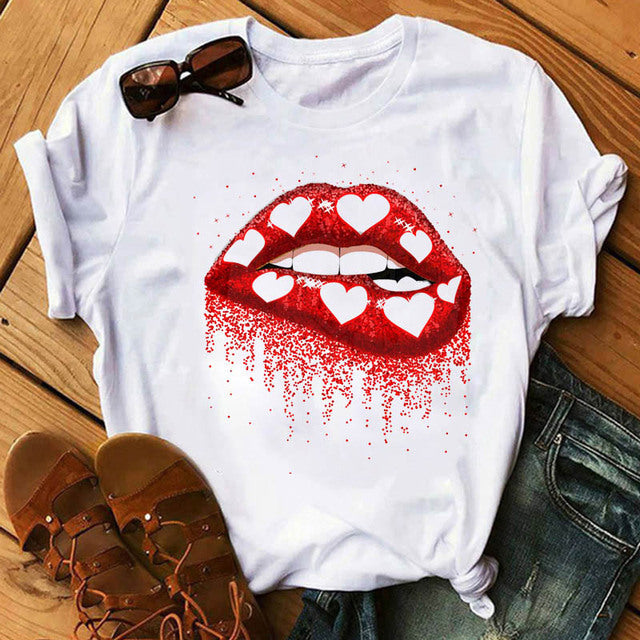 Camiseta informal de manga corta con cuello redondo y estampado de labios para mujer