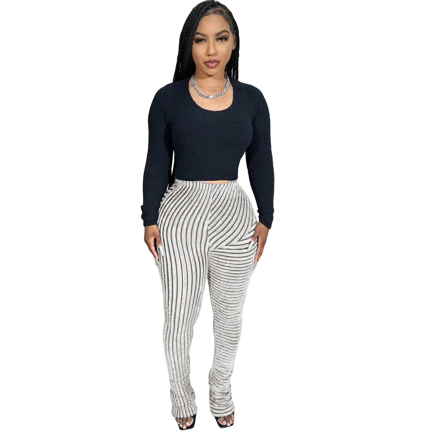 Women Plush Stripe Texture Breathable Large Elastic Fashion Casual Slim-Fit Pants