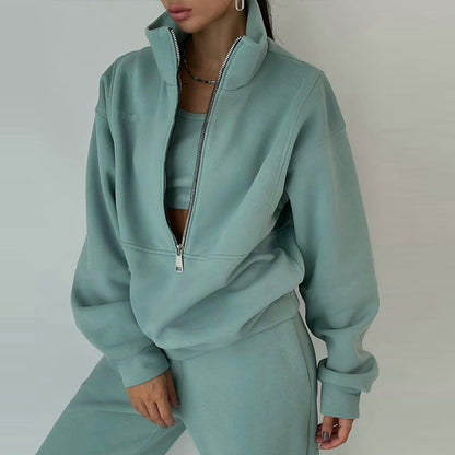 Women Winter Sports Casual Oversized Half Zipper Solid Color Long Sleeves Top And Sweatpants Set