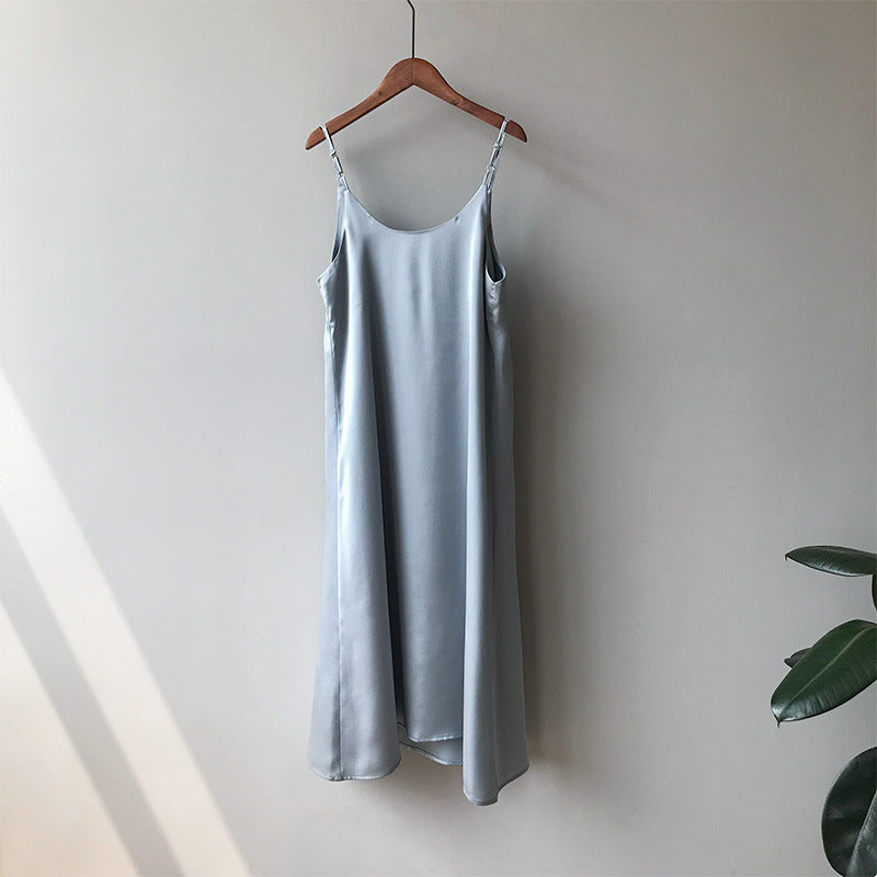 Summer Women Basic Sleeveless Casual Satin Sexy Solid Color V Neck Dress