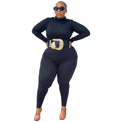 Conjunto de dos piezas de top y pantalones ajustados de manga larga con cuello alto y color liso de talla grande para mujer