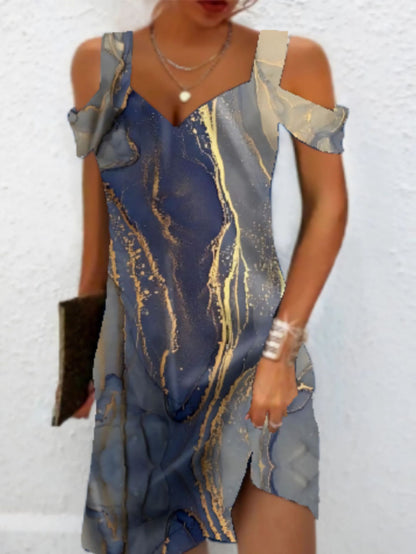 Women Fashion Casual Marble Printed Cool-Shoulder Dress