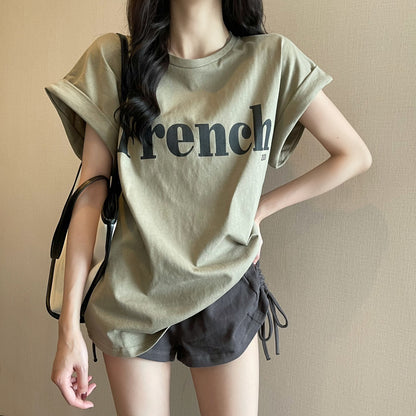 Camiseta informal de manga corta con cuello redondo y estampado del alfabeto para mujer