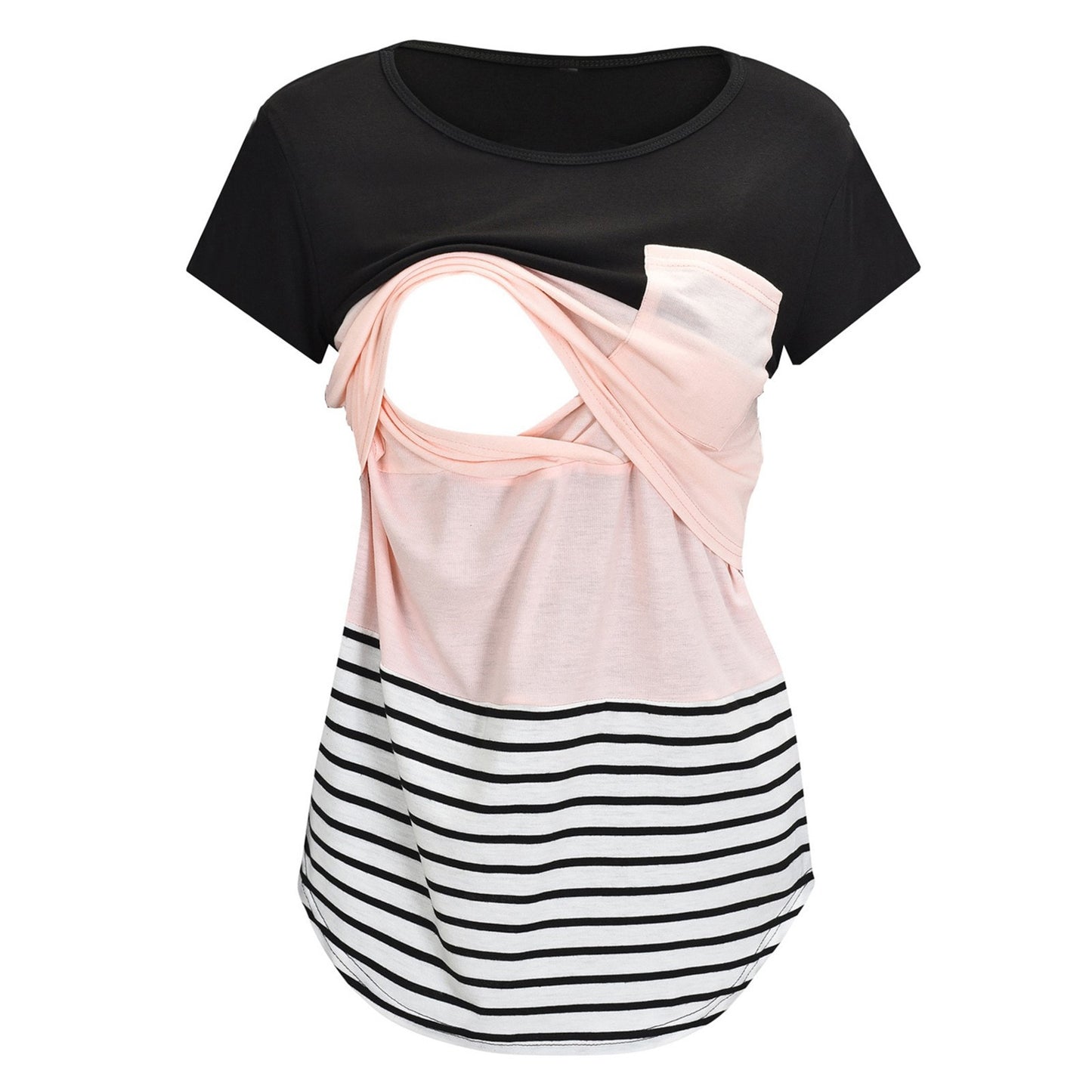 Summer Pregnant Women Fashion Casual Stripe Stitching Short Sleeve Breastfeeding Top