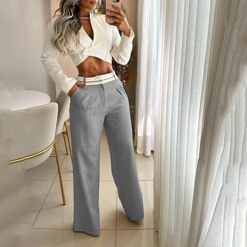 Conjunto de dos piezas informal de moda para mujer, con cuello en V, manga larga, top corto y pantalones anchos