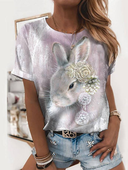 Camiseta informal de manga corta con cuello redondo y estampado de conejo de Pascua para mujer